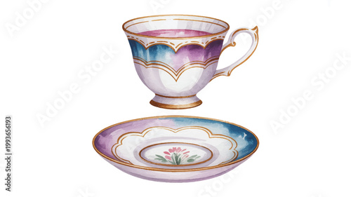 Vintage tea cup and saucer with floral design and gold trim