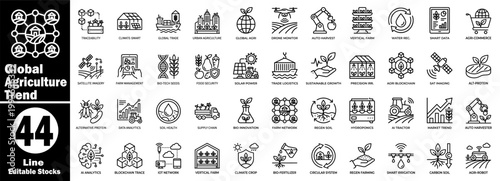 Global agriculture trend icon set. Sustainable farming technology, including smart irrigation and biotechnology seeds in a thin line style vector illustration.