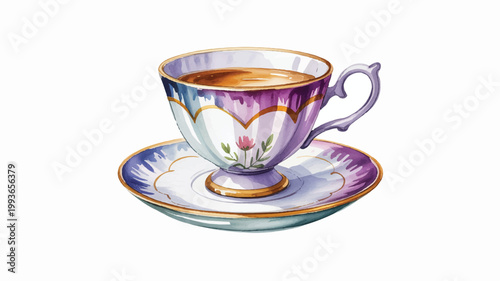 Vintage tea cup with saucer and floral design on white