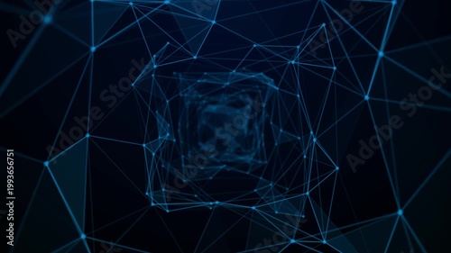 Network security visualization with abstract polygons, dots, and lines representing data protection technology.