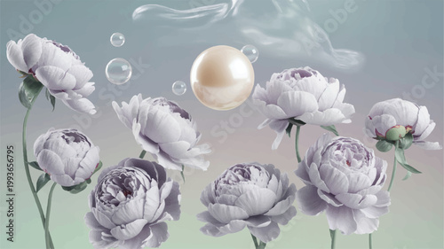 White peony flowers floating with bubbles and pearl on gradient background