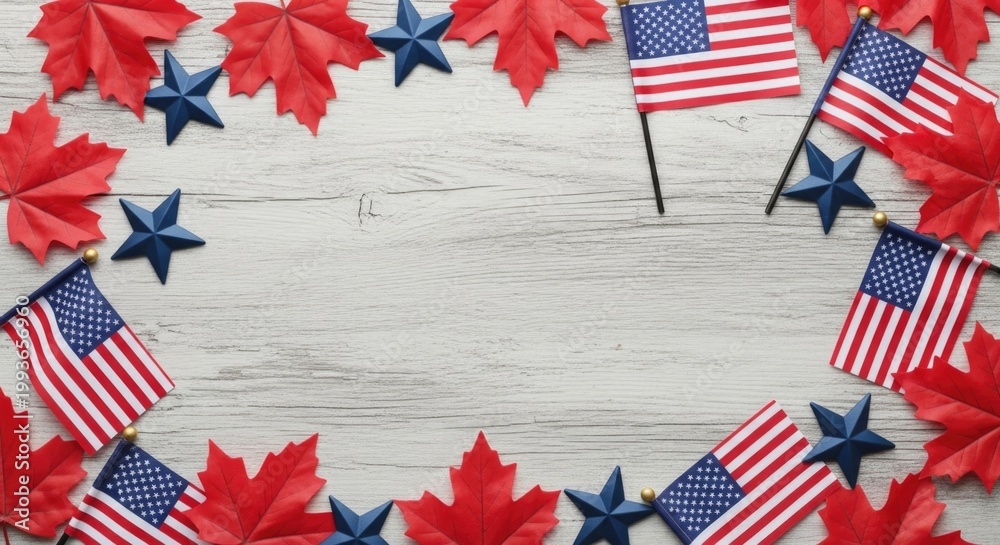 Obraz premium Happy 4th of july festive american flags and red flowers on a wooden background