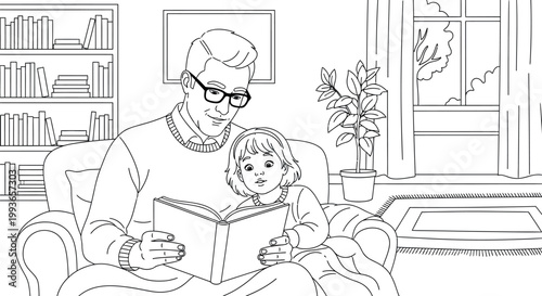 Loving father with glasses sits comfortably on a soft couch while reading an interesting storybook to his young daughter during a quiet afternoon at home
