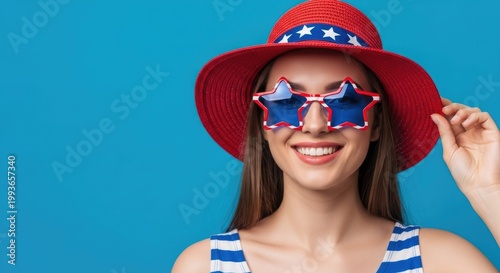 Festive 4th of july portrait woman in patriotic hat and glasses celebrating independence day