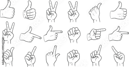 Hand gestures outline vector set with pointing fingers, thumbs up, peace sign and counting signs in simple black line art style