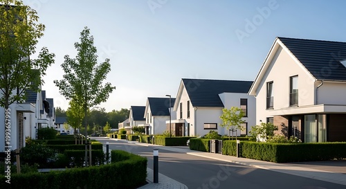 Modern white houses with dark roofs lined up on a quiet suburban street with manicured hedges and green trees under a clear blue sky