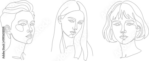 A minimalist line drawing of three female portraits