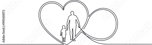 Father and young child holding hands depicted within a minimalist continuous line art heart shape creating a beautiful symbol of eternal love and family bonds