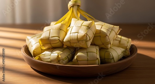 Traditional asian food in woven basket.