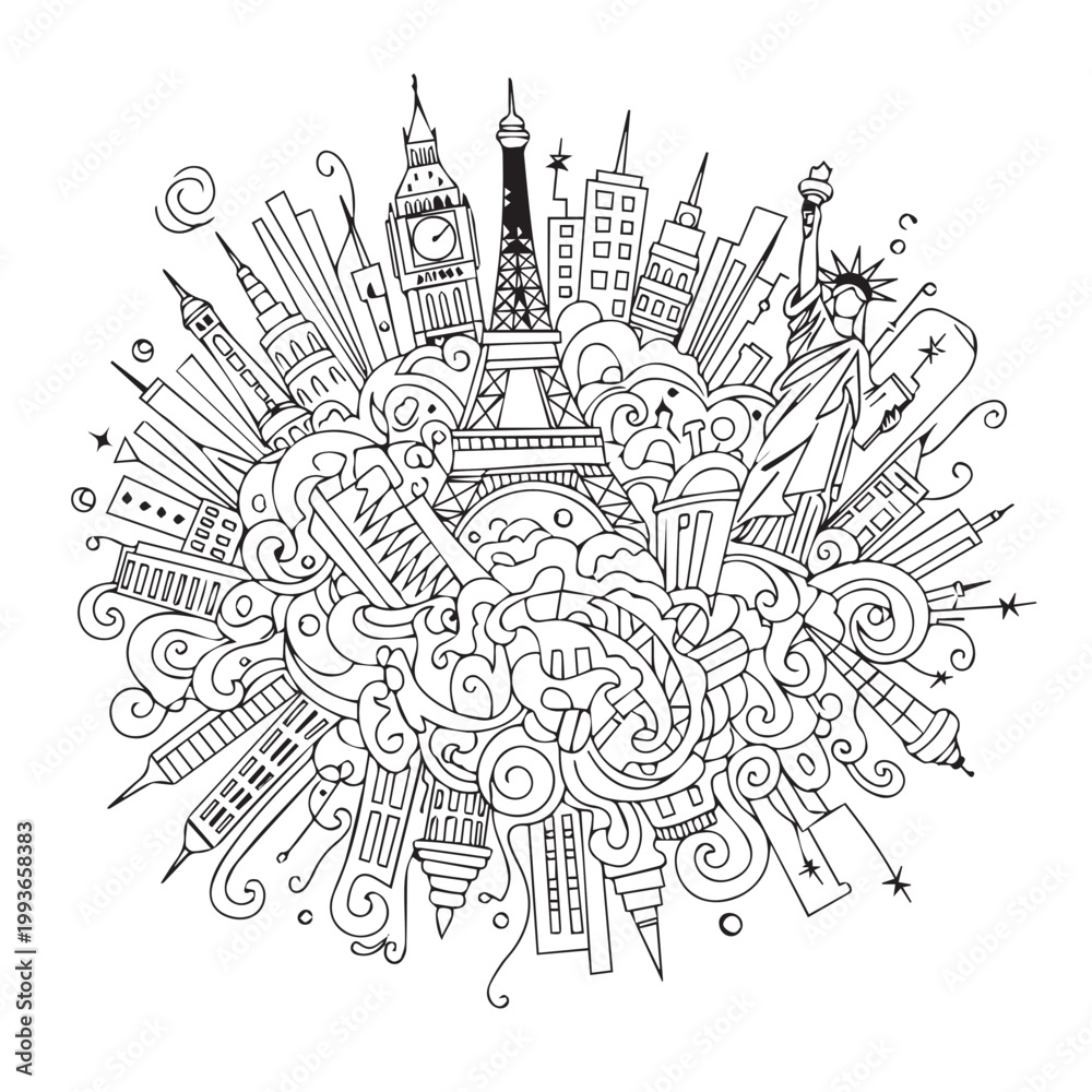 Obraz premium Whimsical circular collage featuring global landmarks and city skylines.