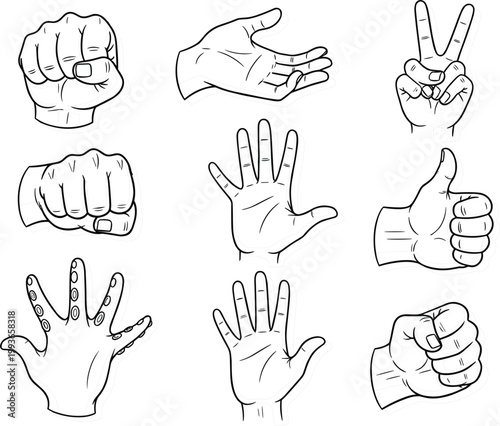 Hand gesture outline vector set with open palm, fist, thumbs up, peace sign and counting fingers in simple line art style
