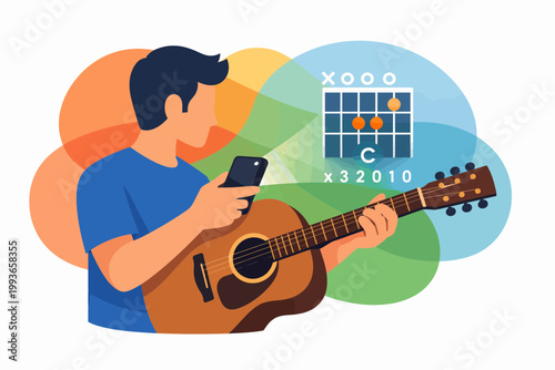 Man using augmented reality smartphone app to learn guitar chords