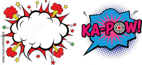 Comic explosion and speech bubble vector illustration with kapow text, pop art burst effects and retro cartoon cloud design elements