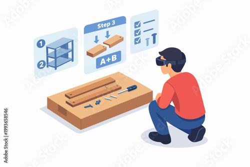 Augmented Reality AR Furniture Assembly Instruction Vector Illustration