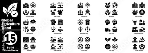 Global Agriculture Trend  Agroecology solid icon sets. Plant-based farming, renewable energy, and rural connectivity in future agribusiness development.