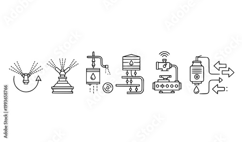 Minimal irrigation line icons vector collection with smart watering system and agriculture symbols isolated on white background