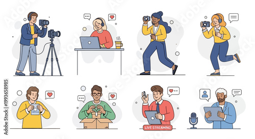 People working with cameras and laptops.