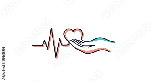 Hand holding heart with ecg line.