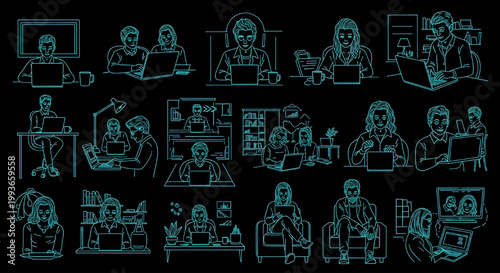 AutoCAD Remote Work People Vector Set – Digital Lifestyle Multiview Smart Work Poses Cyan Outline on Black Background