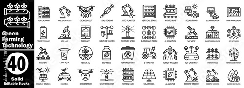Green farming technology solid icons pack. Modern agricultural innovation, sustainable practices, smart agriculture, and digital farm management tools.