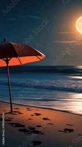 Red sun umbrella standing on empty sandy beach with gentle ocean waves in the background at sunset, tranquil vacation atmosphere by the sea