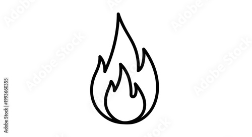 Simple fire icon, graphic element, black and white line art, isolated on white background