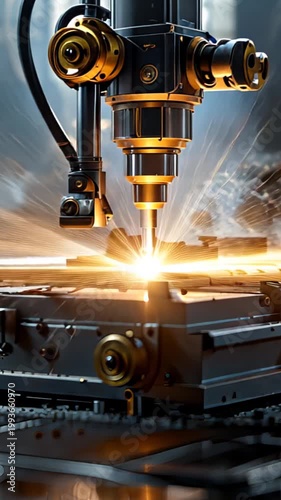 Industrial robotic laser cutting machine operating with bright sparks and glowing light, slicing metal sheets on a factory floor, concept of technological progress in manufacturing