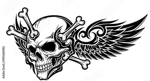 Skull with Wings and Crossbones, Tribal Tattoo Design, Vector Illustration