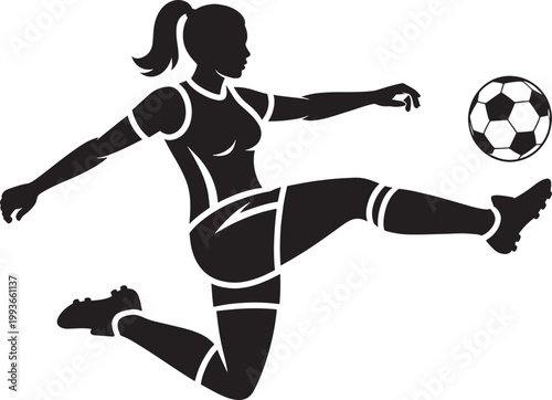 Silhouette of woman playing soccer kicking ball side view on white background vector graphic illustration.