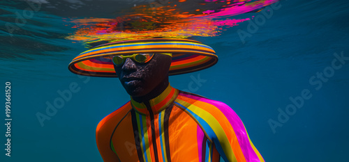Futuristic human underwater wearing rainbow ring hat, surreal sci fi fashion concept of identity, transformation and digital self expression