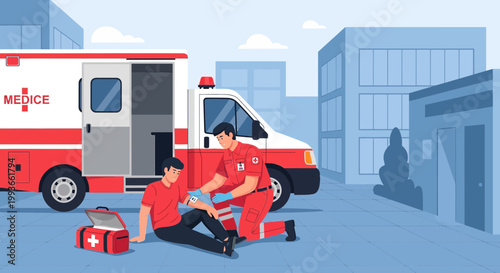 Paramedic Assists Injured Man Near Ambulance, First Aid Kit Open