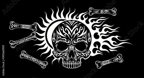 Tribal Skull Sun Flames Bones Black Background Vector Illustration