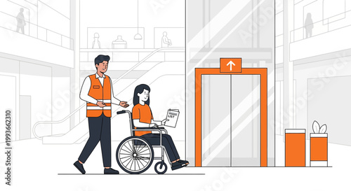 Caregiver Pushing Wheelchair User Towards Elevator in Modern Building