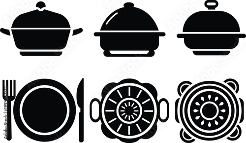 Kitchen utensil icons set pots plates cutlery serving dishware silhouettes