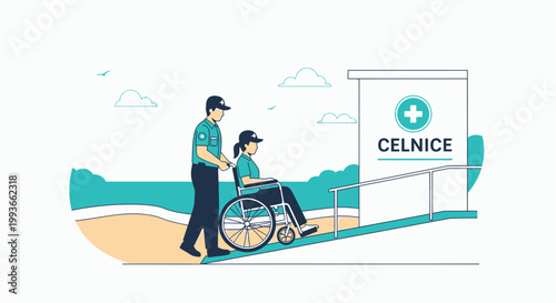 Caregiver Pushing Wheelchair User Up Ramp Towards Medical Building Entrance
