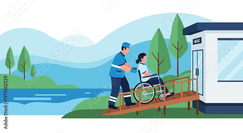 Caregiver Pushing Wheelchair User Up Ramp Towards Building Entrance