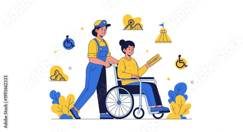 Caregiver Pushing Wheelchair User with Tickets at Amusement Park