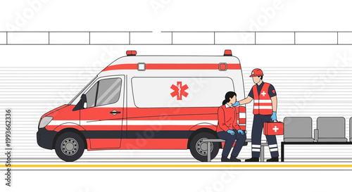 Paramedic assists patient from ambulance at station, emergency medical care concept