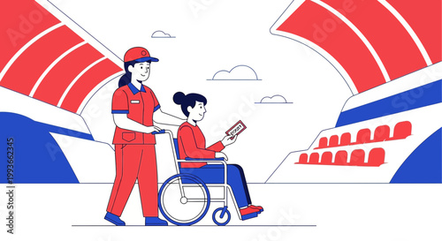 Caregiver Pushing Wheelchair Woman with Ticket at Airport Terminal, Accessible Travel