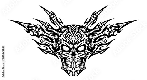 Tribal Skull Tattoo Design with Flames and Horns - Vector Art