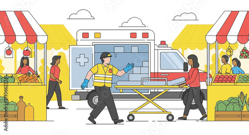 Paramedic assists patient from ambulance at outdoor market, emergency medical services concept