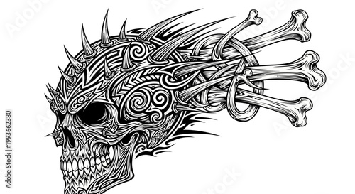 Tribal Skull Tattoo Design with Crossbones, Spikes, and Ornate Patterns