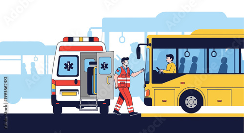 Paramedic Assists Patient from Ambulance to Bus at Station, Emergency Response