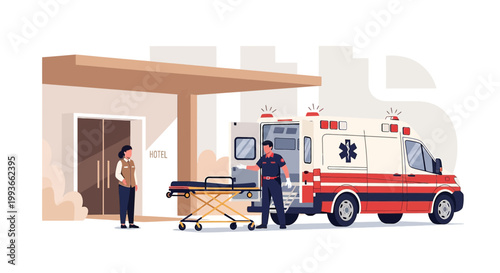 Paramedic Assists Patient from Hotel with Stretcher and Ambulance