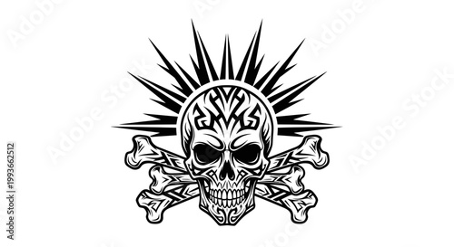 Tribal Skull with Bones and Sunburst - Tattoo Style Graphic