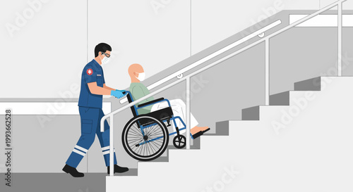 Paramedic assists patient in wheelchair up stairs, medical care, accessibility, healthcare concept