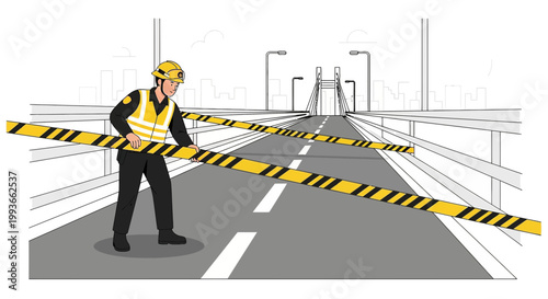 Construction worker blocks road with caution tape on bridge, traffic control