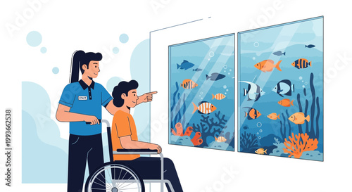 Caregiver assisting person in wheelchair at aquarium, pointing at fish tanks
