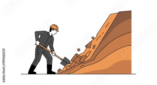 Construction worker digging a landslide with a shovel, rehabilitation, emergency response