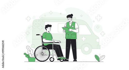 Paramedic assists patient in wheelchair with ambulance in background, healthcare concept